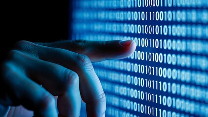 close up of a hand interacting with a glowing blue screen displaying lines of binary code representi