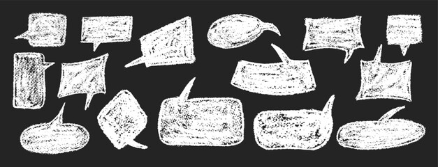 Wall Mural - vector set of quirky white speech bubbles and clouds on black bg. wax and charcoal squiggle style on