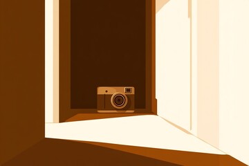 Poster - Vintage camera positioned on a floor as sunlight streams through an open door creating warm shadows