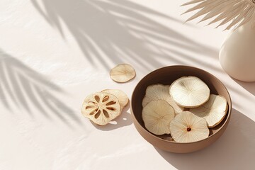 Poster - Dried floral slices in a bowl with palm shadows on a soft surface