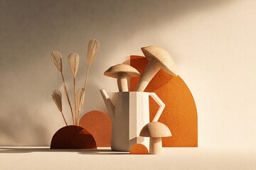 Poster - Decorative still life with wooden mushrooms and minimalistic arrangement on a beige surface