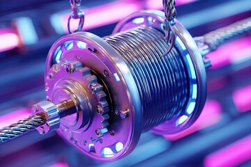 Poster - Metallic winch with illuminated elements positioned in a modern workshop setting