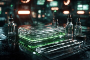 Poster - Intricate display of futuristic laboratory tools illuminated in neon colors at a high-tech facility