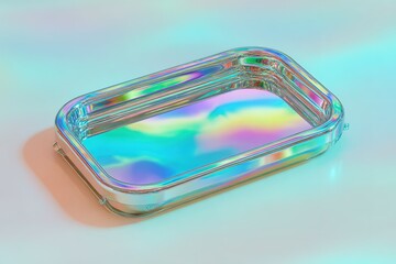 Poster - Reflective tray with vibrant holographic design on a smooth surface creates an abstract visual effect in soft lighting