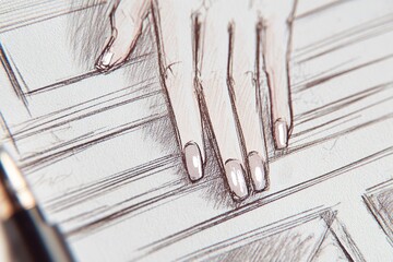 Poster - Close-up of a hand gently touching a textured wooden surface during a quiet moment of reflection