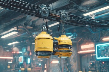 Poster - Industrial robotic arms with yellow casings suspended from wires in a high-tech environment