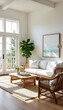 © Jakkrit - Bright & Airy Living Room Summer Retreat Design with Whitewashed Walls, Large Windows, and Wicker Furniture. Perfect for Relaxation and Beachy Vibes.