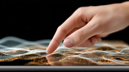 Poster - A finger engages with an interactive surface, triggering dynamic light beams and data flows against a dark blue backdrop