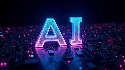 Futuristic AI animation with glowing circuit board and vibrant neon lighting effects