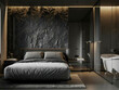 © Alexuans - Modern dark bedroom interior with stone accent wall, cozy bed, and warm ambient lighting.