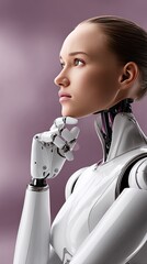 Poster - A white humanoid robot ponders thoughtfully, showcasing intricate details and a futuristic design with a pastel pink backdrop