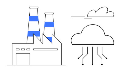 Poster - Factory with chimneys and cloud symbol with digital lines extending. Ideal for technology, automation, smart industry, IoT, innovation, connectivity, production. Simple flat metaphor