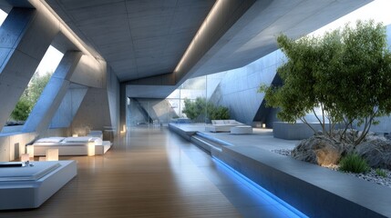 Poster - Futuristic bedroom featuring a Dogwood tree, neon lights, and a cozy sofa, creating a blend of elegance and relaxation in modern living