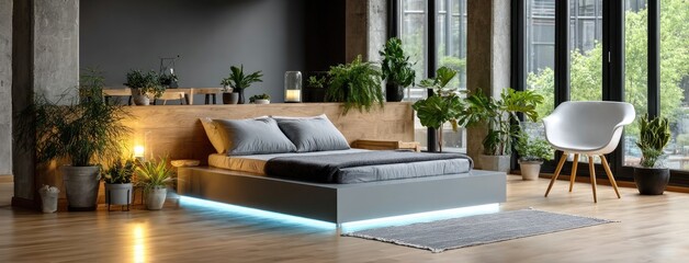 Poster - Futuristic bedroom featuring a Dogwood tree, neon lights, and a cozy sofa, creating a blend of elegance and relaxation in modern living