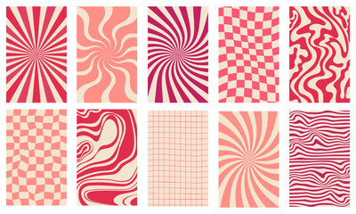 Wall Mural - Set of vertical groovy vector backgrounds in trendy 70s style. Retro design for Valentine's Day greeting cards