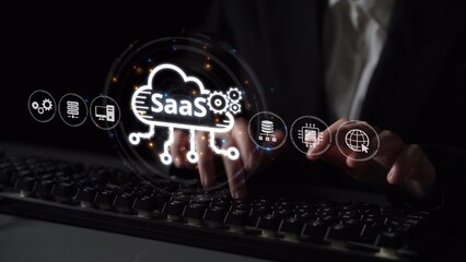Poster - Visual representation of SaaS showing infrastructure, SaaS deployment, SaaS platform features, and SaaS integration model in digital environment. Muxer