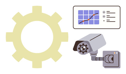 Poster - Security camera monitoring system with a gear symbol and data chart. Ideal for surveillance, technology, analytics, innovation, automation, data management, business solutions. Simple flat metaphor