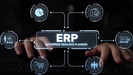 Poster - ERP platform visual showing centralized system for enterprise resource planning, improving integration, data flow, business efficiency, finance, inventory, and human resources. Muxer