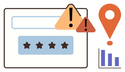 Poster - Warning signs, search bar, rating stars, location marker, and bar chart suggesting data evaluation, problem detection, or business review. Ideal for technology, safety analysis problem-solving