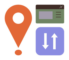 Poster - Large orange location pin, green webpage window with text sections, square with vertical arrows. Ideal for navigation, location services, data flow, user interface, mobility, analytics simple