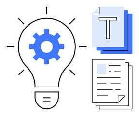 Poster - Lightbulb with blue gear symbolizes innovation, next to text documents for organization, ideas, and productivity. Ideal for creativity, tech, business, learning, strategy innovation simple landing