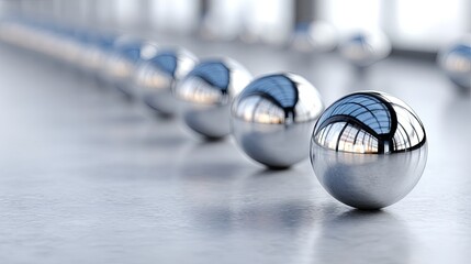 Poster - Various sizes of silver spheres cluster in the lower left corner against a white background, presenting a sleek and modern design