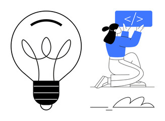 Poster - Woman coding on laptop beside oversized light bulb. Ideal for innovation, creativity, coding, teamwork, tech solutions, collaboration, simple landing page