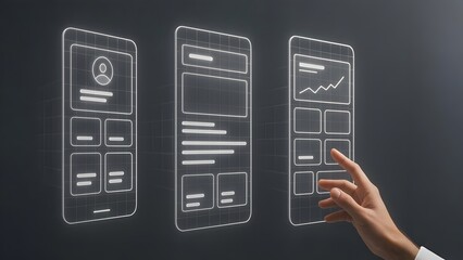 Floating 3D App Wireframes Rotating as Designer Gestures Through Layouts