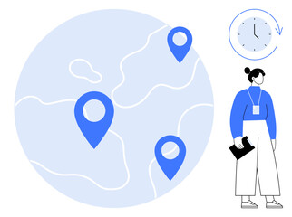 Poster - Large globe with location markers, clock, and person holding documents. Ideal for navigation, scheduling, logistics, map services, team management, travel education simple flat metaphor