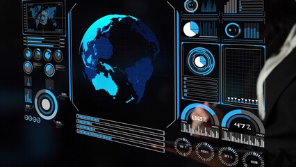 Poster - High-tech global network connection interface showing worldwide digital communication, data exchange, and internet connectivity. Global connection, data interaction, and worldwide communication. Thunk