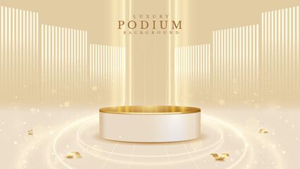 Wall Mural - Empty elegant podium golden on cream color background with light neon effects and glow bokeh with gold ball decorations. Luxury scene design concept.