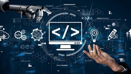 Poster - Modern web development concept featuring coding symbols, web development process, web development interface, and web development tools with futuristic design. Muxer