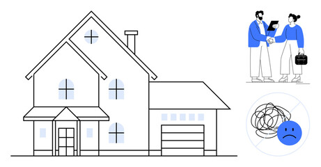 Poster - Front view of a house, two people shaking hands after agreement, sad face with tangled lines. Ideal for housing, real estate, challenges, negotiation, agreement, decision-making simple flat metaphor