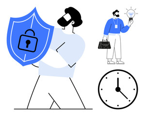 Poster - Man holding secure shield with padlock, businessman with lightbulb and briefcase, and clock icon. Ideal for security, innovation, time management, protection, strategy, idea generation business