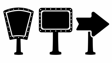 Poster - Three signs in black and white including a vintage sign a rectangular sign and an arrow sign all on posts silhouette