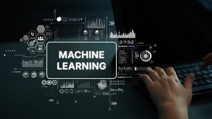Poster - Hands Engaging with Keyboard Surrounded by Machine Learning Data Visualization and Analytics Graphics in Dark Background. Asymptotic smart data analytic.