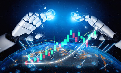 Poster - A visually stunning portrayal of futuristic robotic hands engaging with stock market data, showcasing dynamic trends and global connectivity. Impute