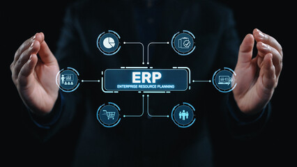 Poster - ERP platform visual showing centralized system for enterprise resource planning, improving integration, data flow, business efficiency, finance, inventory, and human resources. Elide