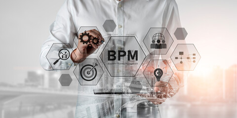 Poster - Business Process Management concept showing workflow analysis, process optimization, team collaboration, automation, and performance improvement Vouch