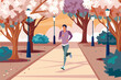 © Henryk Guziak - Mężczyzna uprawiający jogging w malowniczym parku wśród kwitnących drzew. Ilustracja symbolizująca zdrowy styl życia i aktywność na świeżym powietrzu.