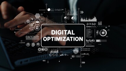 Aufkleber - Hands on Laptop Showing Concept of Digital Optimization with Charts, Graphs, and Data Analysis Elements in a Modern Setting. Asymptotic smart data analytic.