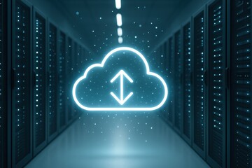 Poster - Cloud Computing Center: A sleek, modern server room with illuminated cloud computing icon represents the digital frontier, filled with data and connectivity.