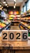 © Stocker - Wooden blocks displaying the year 2026 placed on a wooden counter in a blurred grocery store aisle