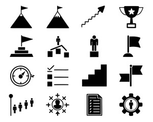 Poster - Comprehensive collection of business strategy icons representing planning objectives and successful achievement in a professional setting