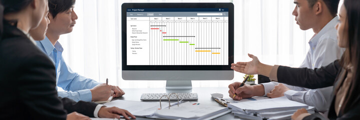 Poster - Business intelligence and data analysis concept. Analyst team working on financial data analysis dashboard on laptop screen as marketing indication for effective business strategic planning. Insight