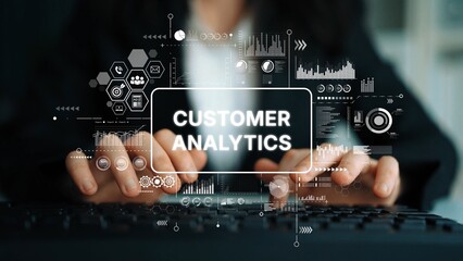 Aufkleber - Businesswoman Analyzing Customer Data with Digital Graphs and Metrics in a Modern Workplace Setting. Asymptotic smart data analytic.