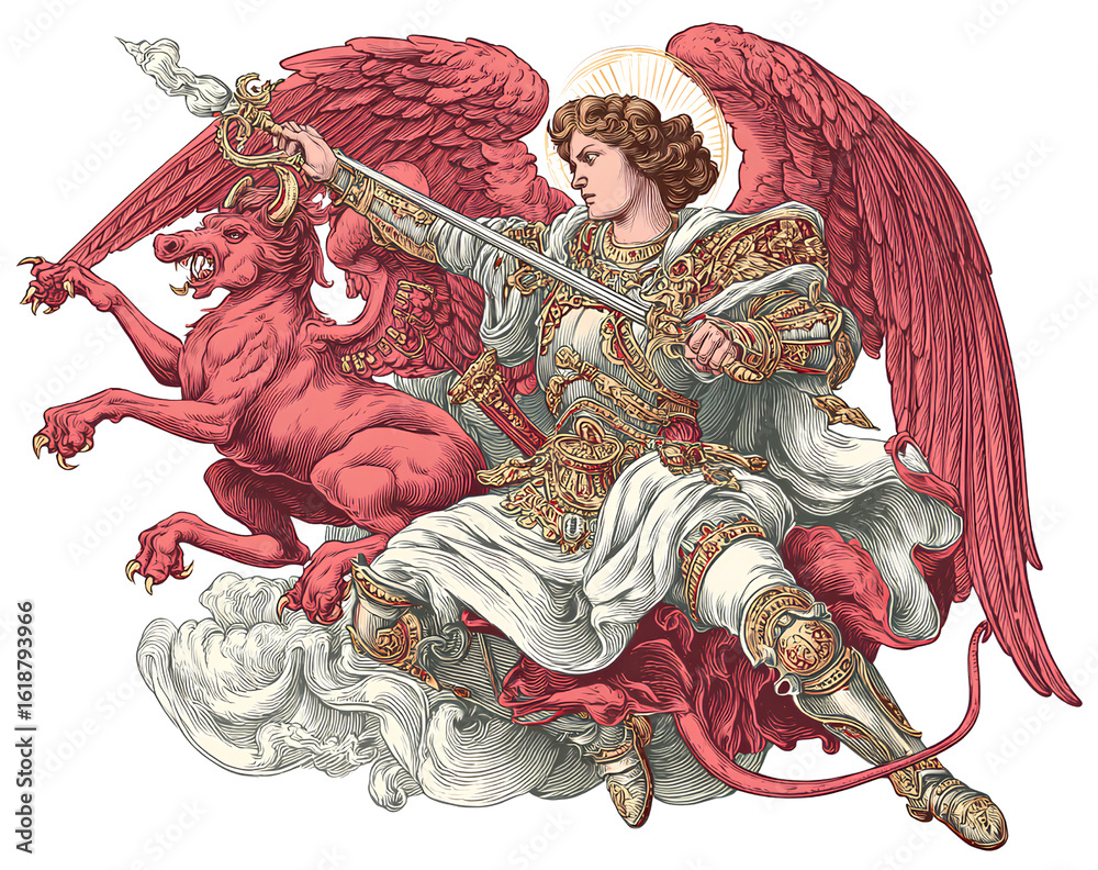 St. Michael the Archangel fighting with a red devil, vector ...