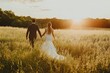 © sayan - wedding ceremony in an open field with tall grass and soft golden light