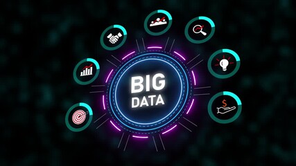 Poster - Big Data Analytics Visualization Futuristic Technology Interface Network Digital Transformation. Big Data Analytics Animation With Futuristic Interface. AI Business Intelligence And Growth.