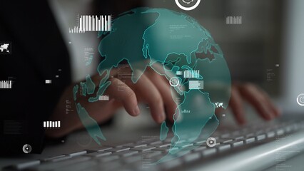Aufkleber - A captivating representation of global connectivity showcases a user typing on a keyboard, with a digital world map overlay symbolizing innovation in the modern business landscape. Xenic